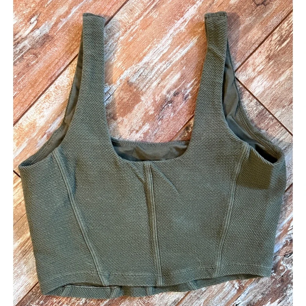 OFFLINE by Aerie Ribbed Flare Leggings and Corset Crop Top Set Olive Green Small